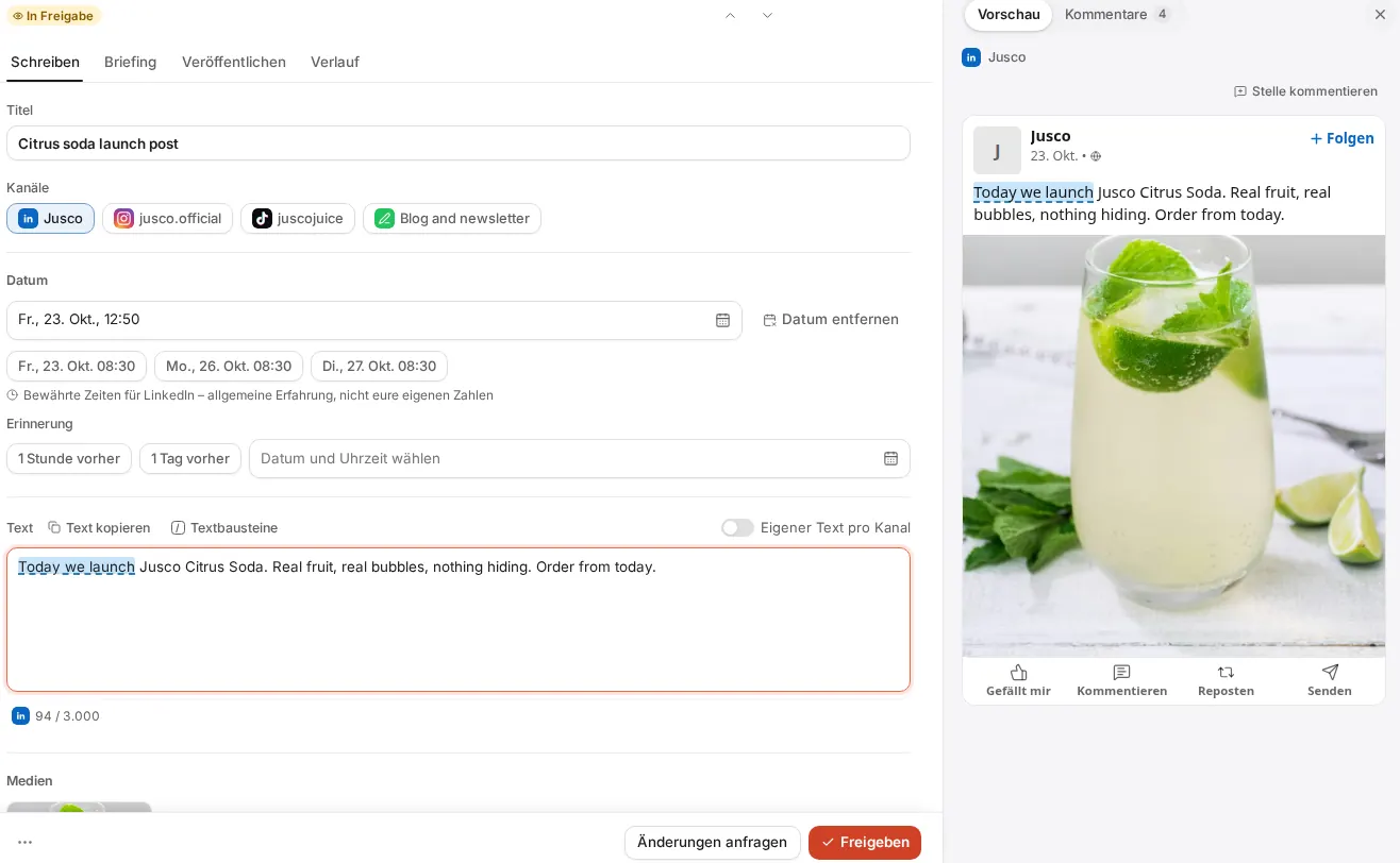 Beitrag in Draftdeck mit Titel, Netzwerken, Datum, Text und der LinkedIn-Vorschau rechts