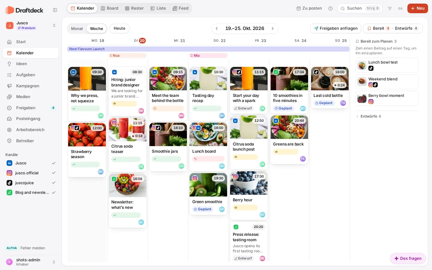 Draftdeck-Kalender in der Wochenansicht; links in der Seitenleiste der Arbeitsbereich Jusco mit der Kennzeichnung Premium und seinen vier Kanälen