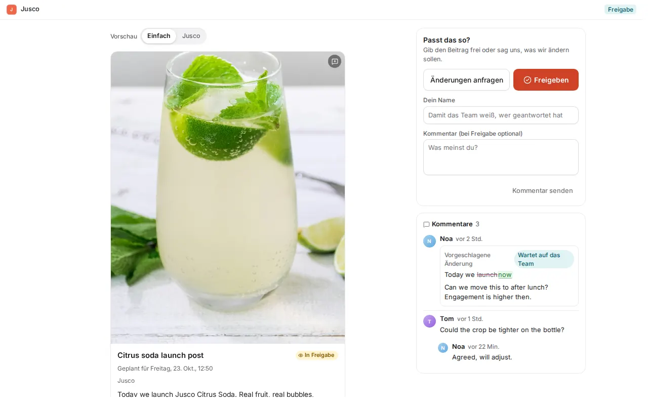 Freigabeseite für Kunden im Browser mit Beitragsbild, den Knöpfen Freigeben und Änderungen anfragen und Kommentaren