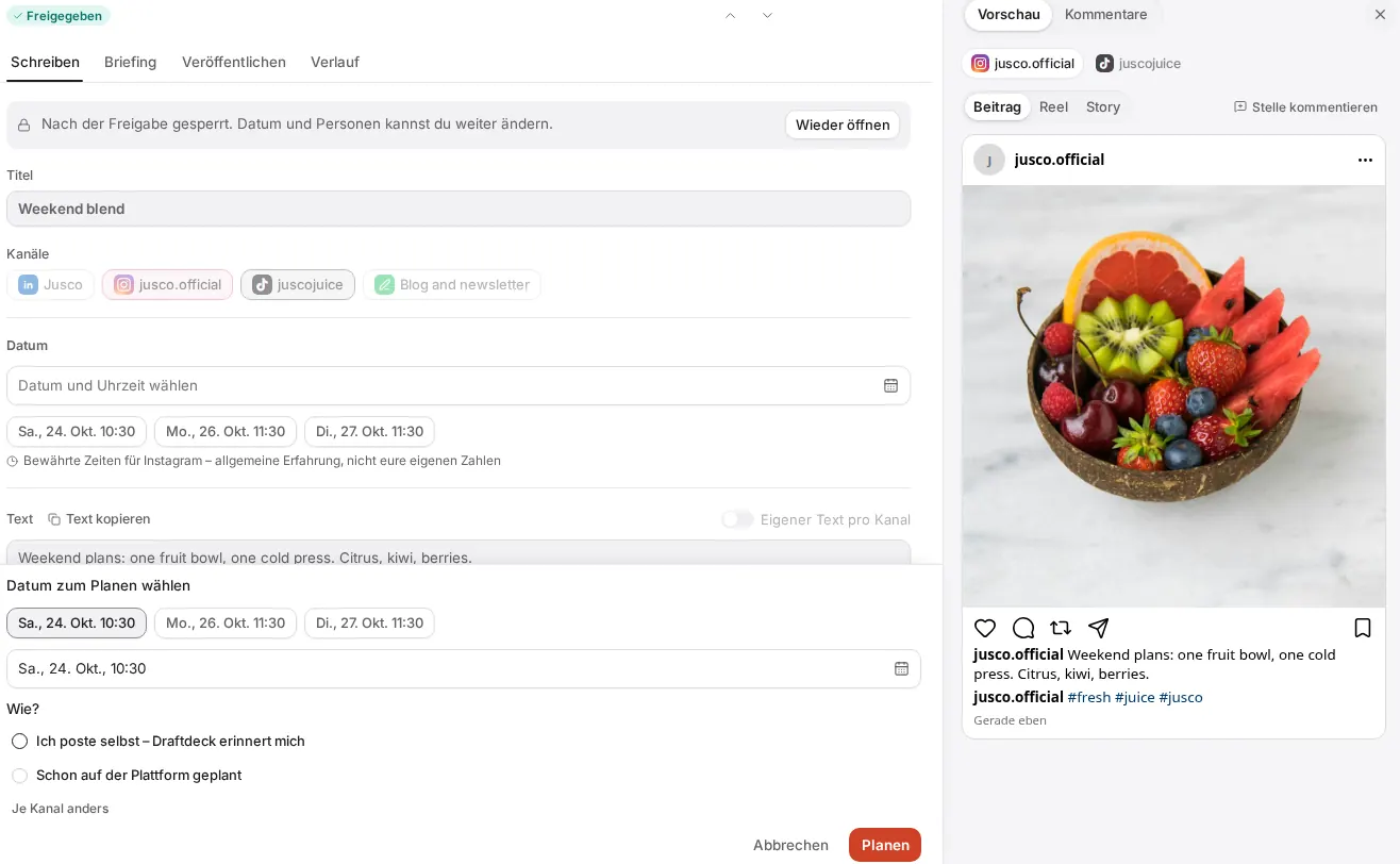 Beitrag in Draftdeck beim Planen: das Datum und darunter die Frage Wie? mit den Wegen Ich poste selbst und Schon auf der Plattform geplant, rechts die Instagram-Vorschau