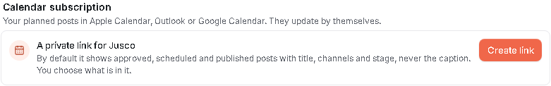 Calendar subscription in the profile, no link yet