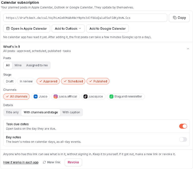 What's in it: posts, stages, channels, details, tasks and day notes