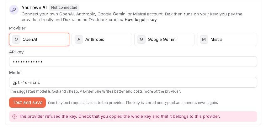 A test key is pasted, the provider refuses it